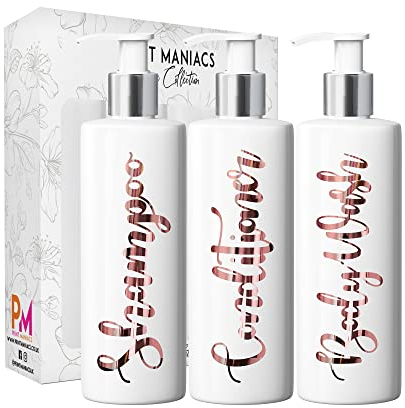 Print Maniacs 3 Set Mrs Hinch Inspired White Personalised Dispenser Pump Bottles Shampoo Conditioner Body Wash (Rose Gold)