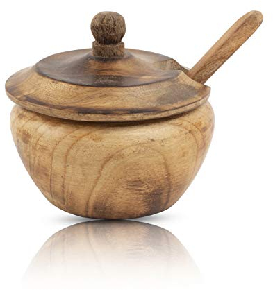 Dekorative rustikale hölzerne Zuckerdose & Löffel mit Deckel, breite Öffnung, Süßigkeitenbehälter, Gewürzbehälter, Gewürzbehälter, Nüsse, Servierschale, Topf, Salz, Gewürze, Kräuter, lose Blätter, Tee