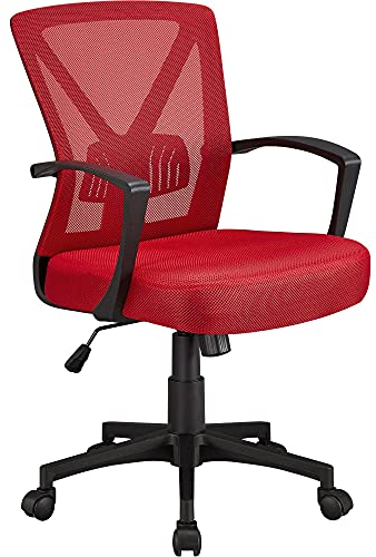 Yaheetech Bürostuhl Schreibtischstuhl, Drehstuhl mit Mesh, Home Office Chair ergonomisch, höhenverstellbarer Computerstuhl mit Rückenstütze, gepolsterten Sitz, fürs Arbeitszimmer/Büro Rot