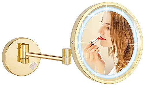 DOWRY Schminkspiegel mit Beleuchtung,7-Fach vergrößerungsspiegel Wandmontage,3 LED Farben Lichtern kosmetikspiegel, Rasierspiegel für Badezimmer,Gold,Ø21.5 cm