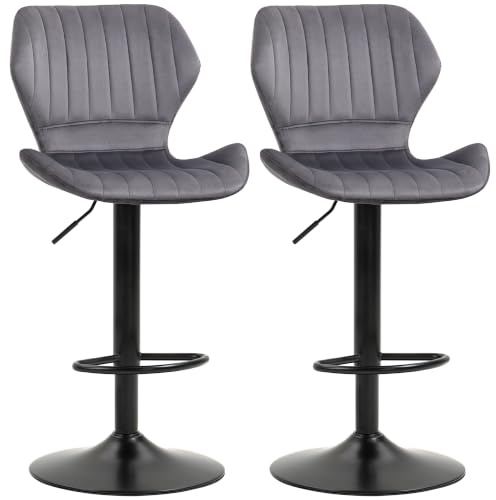 HOMCOM 2er Set höhenverstellbarer Barhocker mit ergonomischem Sitz und Fußstütze, Hochhocker in Samtoptik und Metall, 47x51,5x92-114 cm, Grau