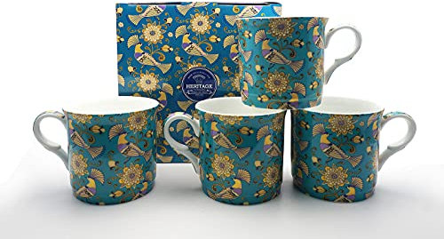 heritage FINE Bone China Set of 4 Mugs Gift Boxed Oriental Birds Mugs Free UK DELIVERY