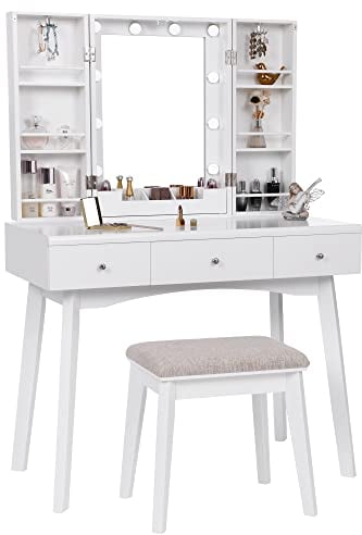 ANWBROAD Schminktisch mit Beleuchtung Frisiertisch mit Spiegel 10 LED Glühbirnen Kabinett Kosmetiktisch mit 3 Schubladen 2 DIY gepolstert Hocker bewegliche Schminktisch weiß BDT09W