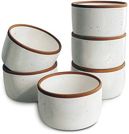 Mora Ceramic Ramekins - 4oz, Set of 6 - Small Oven Safe Baking Dishes/Cups - For Personal Pudding, Creme Brulee, Souffle, Serving Dip, Custard, Ice Cream - Single Mini Bowls - Vanilla White