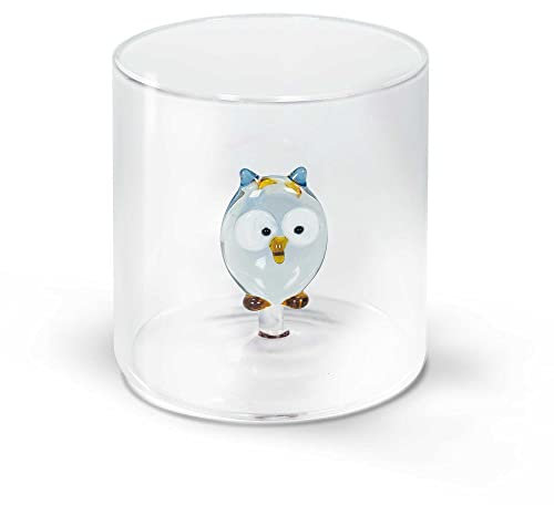 WD Lifestyle Bicchiere in vetro borosilicato. Capacità 250 ml. Decoro gufo.