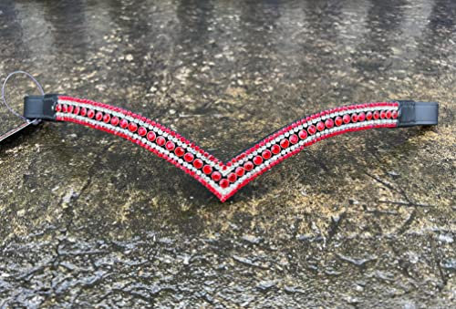Equipride Stirnriemen für Zaumzeug, V-Form, glitzernd, 5 Reihen, Rot/Transparent (braunes Leder, Cob (38,1 cm)