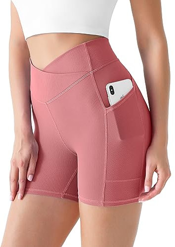 Desol Radlerhose Damen mit Taschen V Cross High Waist Shorts Bauch Kontrolle Kurze Sporthose Damen Sport Shorts für Yoga Laufen