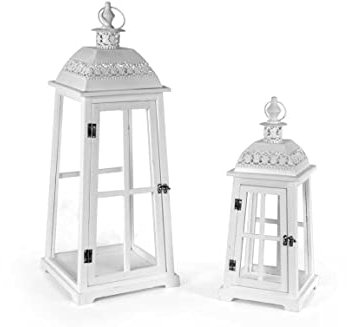 Set 2 Lanterne decorative porta candele stuttura in legno vetro e metallo colore bianco shabby chic KMK-837784
