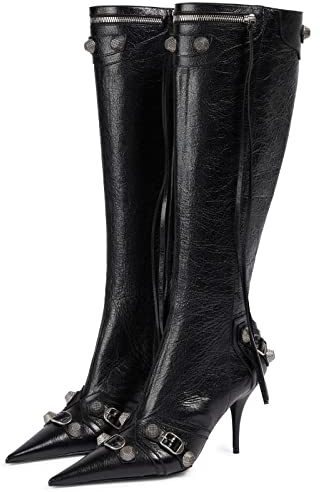 Kluolandi Damen Stiletto High Heel Kniehohe Stiefel mit Quaste Spitze Zehen Nieten Reißverschluss Booties Kleid Schuhe, schwarz, 40 EU