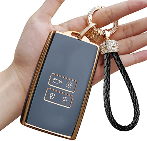 Yumzeco Car Key Cover,4 Buttons Remote Key Fob Cover Compatible with Renault Koleos Clio Megane Duster Kadjar,TPU Silicone KeyCase, Entry KeyShell with Keychain,Keyless KeyProtector Black