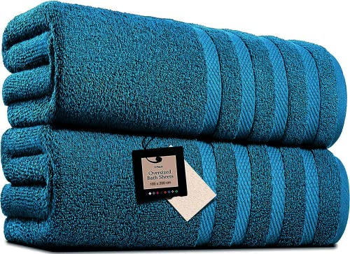 Pack of 2 Extra Large Bath Sheets (100 x 200 cm-600 GSM) Pure Egyptian Cotton Big Body Wrap Bath Sheet Towels for Bathroom,beach, Pool (Blue Lagoon, Cotton)