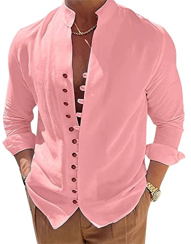 Puimentiua Camicia Lino Uomo Camicia Estiva Leggera Maniche Lunghe Uomo Camicia Henley Spiaggia con Colletto Rialzato, Rosa, L