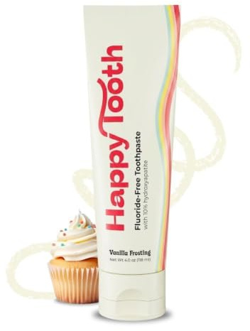 Happy Tooth Hydroxyapatite Toothpaste, Fluoride Free, Natural Whitening for Kids, Toddlers and Adults, SLS Free, Enamel Safe, Dentist Formulated with Clean Ingredients, Vanilla Frosting Flavor, 3.4oz