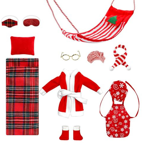 Hojalis Wichtel Zubehör Weihnachten, 13PCS Weihnachten Elf Puppe Kostüm Zubehör, Weihnachtswichtel Set, Elf Hängematte, Schlafsack, Schürze, Kochmütze, Bademantel, Schal, Brille usw, Elf Kleidung