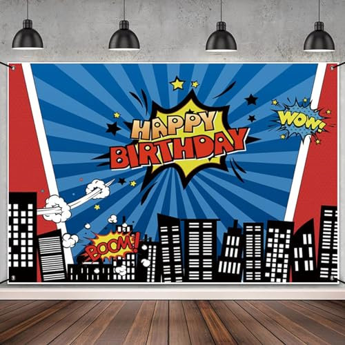 MIRRORANG 1,8x1,1m Alles Gute zum Geburtstag Banner Superheld Super City Party Dekorationen Banner Cartoon Stadt Nacht Szene Hochhäuser Anime Geburtstag Party Dekoration