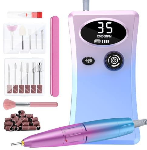 Ponceuse pour Ongles Professionnelle 35000 RPM, Cadrim 12 en 1 Kit Manucure Éléctrique Lime à Ongle Portable 4000mAH Rechargeable, Vitesse Réglable Affichage LCD pour Domicile/Salon, Rose-Bleu