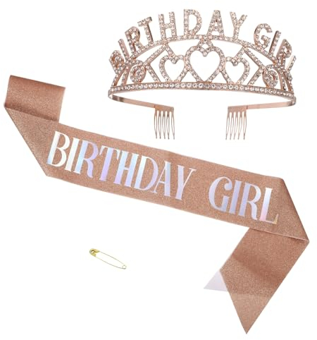 PATIKIL Geburtstagskrone, 63 Zoll Geburtstagsband und Krone Geburtstags-Tiara Haarreif Happy Birthday Queen Band mit Strasssteinen für Frauen Erwachsene Party, Roségold