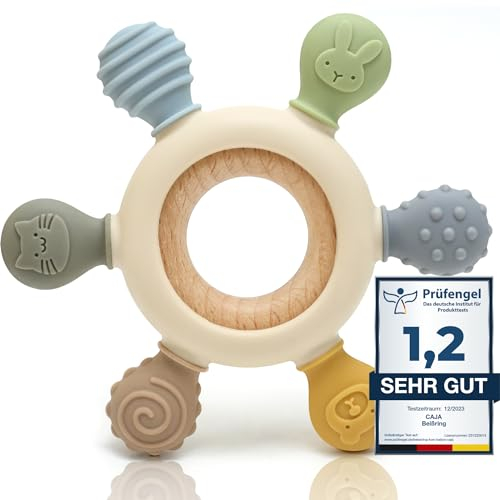 CAJA Beißring Baby - Beißspielzeug Zahnungshilfe aus Silikon & Holz, Baby, BPA-frei, Tiermotive, Zahnen & Greifring für Babys - Sicheres Spielzeug (complexionA)