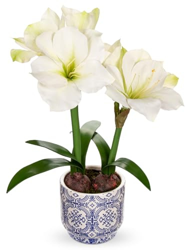 Arborus künstliche Blume Künstliche Amaryllis im Topf 46 cm Dekoblumen | Unechte Blumen im Topf aus Keramik Weiße Blumen in Vase für Modern Vintage Boho Deko auf Tisch Regal Balkon Fensterbank