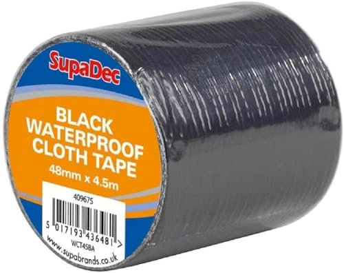 SupaDec Waterproof Cloth Tape Carpet Gaffer Super Sticky DIY Decorating 48mm x 4.5m Ultra Strong Heavy Duty Multi-Purpose Self Adhesive Repair Duct Tapes Use For Plastic Metal Glass Wood (Black)