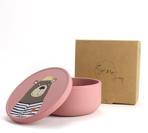 So&So Silikon Schüssel mit Deckel, Snackschale, Müslischale, Kinderschüssel, Kindergeschirr, Essgeschirr (Pink, Pack of 1 Printed)
