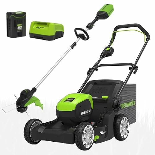 Cordless Lawnmower 41cm 80v Greenworks & Line Trimmer 2ah Battery & Charger 20 Mins Runtime 23.44kg 25-80mm Adjustment 2-in-1 function Rotary Blade