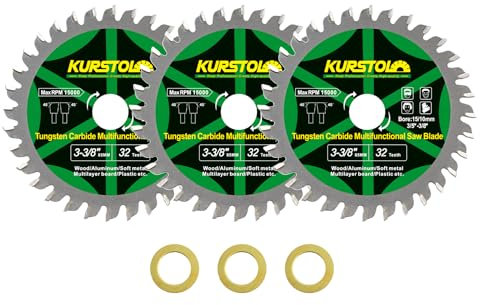 KURSTOL Wood Circular Saw Blade - 3pcs 85mm TCT Cutting Disc 32T Tungsten Carbide Tipped Blade Bore 15mm-10mm for Wood, Laminates, Aluminum, Copper, Non-Ferrous Metals, Plastic