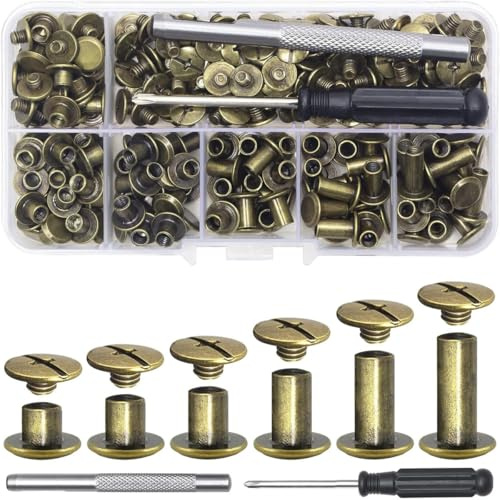 Tutuxio 110 Set Schrauben Ledernieten mit 2pcs Einstellwerkzeugen, Verschiedene Schraubennieten Bindungsschrauben für DIY Dekorieren Reparatur Leder Handwerk Gürteltasche (M5*4, 5, 6, 8, 10, 12mm)
