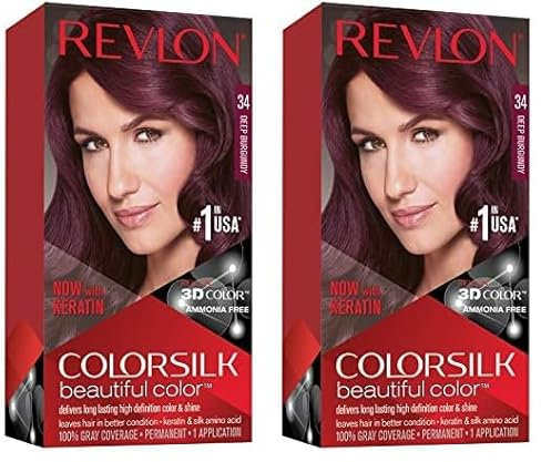 Revlon ColorSilk Colorazione Permanente Capelli Fai-da-te a Casa, senza Ammoniaca e Arricchita con Cheratina, 34 - Borgogna Intenso - 100 g (Confezione da 2)