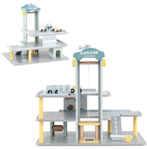 HOMASIS Garagenset mit 3 Etagen, Parkplatz aus Holz mit 4 Autos, Hubschrauberlandeplatz, Tankstelle, Aufzug, Autowäsche, Spielzeuggarage für Kinder ab 3 Jahren, 50 x 40 x 47 cm, Grau