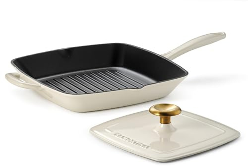 Tramontina Enameled Cast Iron Grill Pan with Press, 11-inch, Latte with Gold Knob