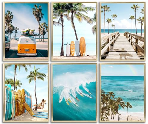 6 Stück Küsten-Surfbrett auf Leinwand, Wandkunst, Sommer, Ozean, Surfen, Poster, Drucke, Gemälde, tropischer Strand, Wanddekoration, Bilder für Meerblick, Zimmer, Wohnzimmer, Schlafzimmer, Badezimmer,