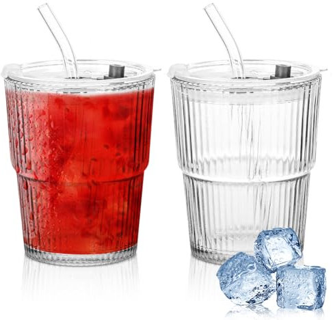 Bicchieri in Vetro a Coste Con Coperchio e Cannuccia, Scanalati per Caffè Freddo, Succhi di Frutta, Frullati, Acqua - Borosilicato