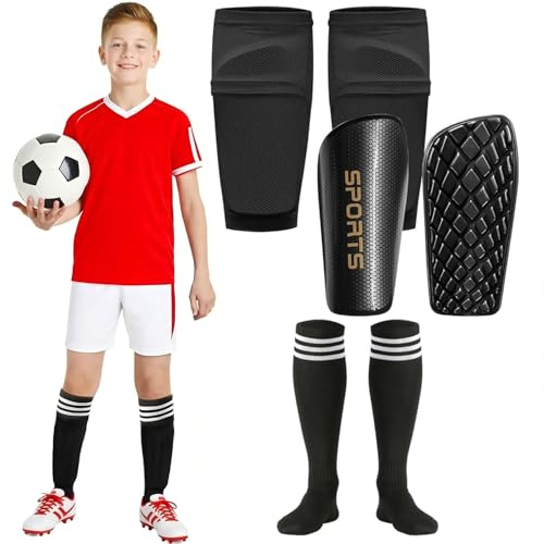 Schienbeinschoner Kinder Fussball, mit Schienbeinärmeln & Fußballsocken für Jungen & Mädchen im Alter von 3–8,8–10,10–12,12-16 Jungen & Mädchen