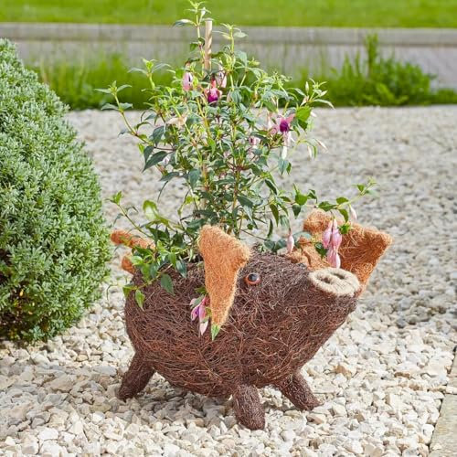Garden Mile Pig Garden Planter Pot Novelty Plant Pot Rattan Outdoor Planter Farm Animal Themed Plant Pots for Outdoor Patio Decoration Pre-lined for Flowers and Succulents
