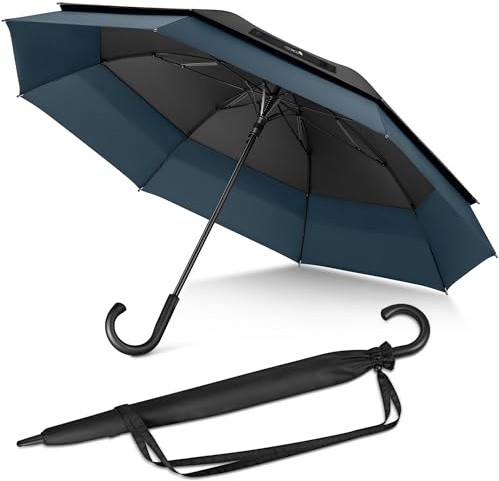 ZOMAKE 58 Pouces Parapluie Canne Grand XXL pour Homme Femme,8 Côtes Grand Taille Parapluies de Golf Anti Vent,Ombrelle 2 personnes avec Double Toit Rétractable Ouverture Automatiqu(Noir Bleu Marine)
