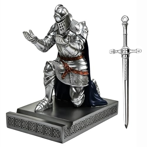 Knight Pen Holder Desk Organizer Office Decor Letter Opener for Desk SBlue | King's Guard Leader Cloak Controller Stand Warrior Figure Statue Cool Desk Accessories Paperweight Pencil Holder for Men