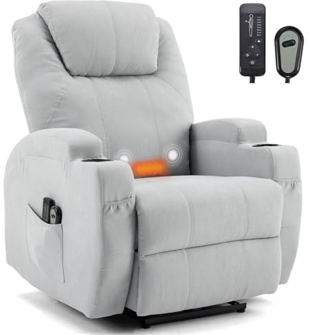 TactFire Fauteuil Électrique Relax, Fauteuil de Relaxation avec Massage | et Chaleur, Inclinaison Réglable et Repose-Pieds (Gris clair