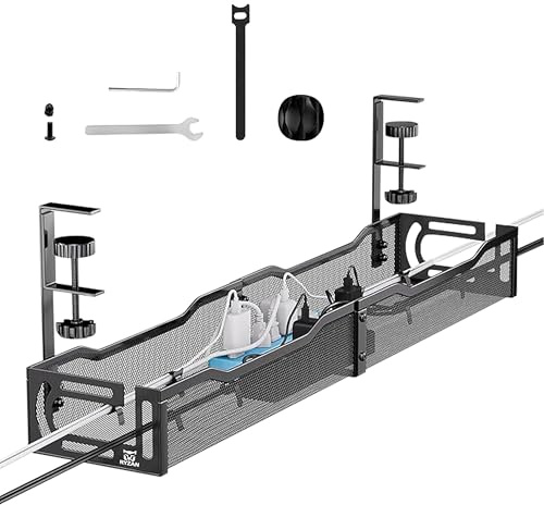 RYZAN Under Desk Cable Management Tray, Black & White Wire Organizer, 39cm & 64cm Metal Mesh Tray, Power Strip Holder with Mounting Kit (Black, 64 CM)
