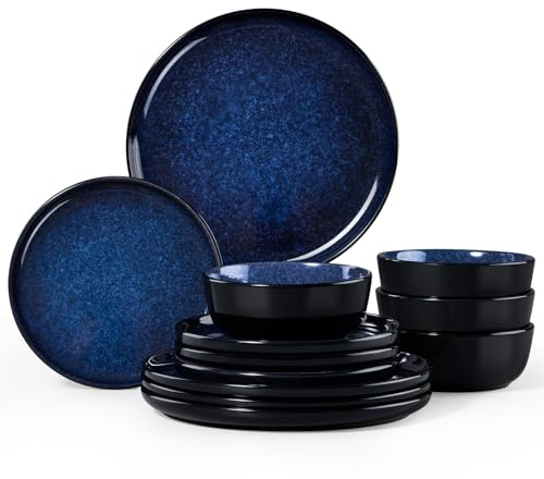 Homikit 12Pcs Plates and Bowls Set, Reactive Glaze Dinner Set for 4, Blue | Kitchen Stoneware for Home Daily Use, Non-Toxic & Scratch Resistant, Microwave and Dishwasher Safe, Stackable & Easy Storage