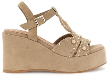 CAFèNOIR - Sandalias De Ante Con Tiras En T, Tachuelas Y Cabujones En Una Cuña Sand, Para Mujer, Color Beige, Talla 39
