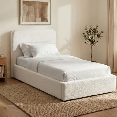 Blisswood Single Ottoman Bed Frame, Upholstered Velvet Finish Bed with Headboard, Gas Lift Storage Base & Wooden Slats, Small Single Bed for Kids Teens Girls or Guest Bedroom (3ft White, No Mattress)