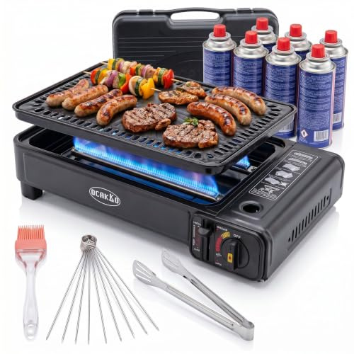Gasgrill Camping mit 8 Kartuschen Grillplatte Grillrost + Schaschlikpieße | mit 4 oder 8 Gaskartuschen - tragbarer Gaskocher Grill mit Koffer