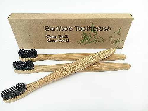 Spazzolino da denti con manico in legno di bambù e setole in fibre di bambù,100% riciclabile, ecologico, set di 3 pezzi
