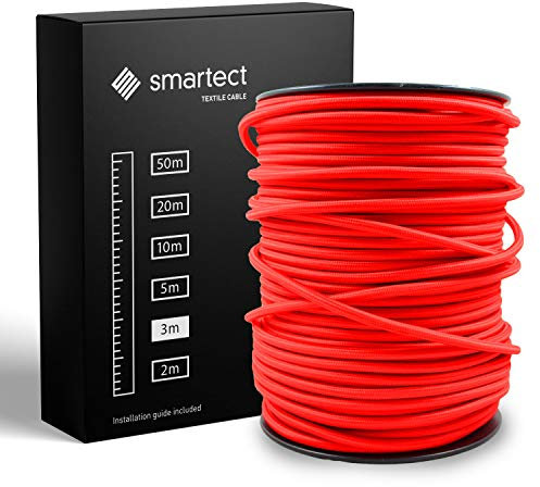 smartect Cable Electrique Textile Rouge, Fil Electrique Tissu de 3 Mètres, 3 Conducteurs (3 x 0,75mm²) Cable Tissu Lampe pour Les Projets de Bricolage