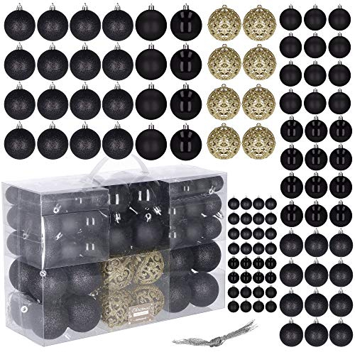 SPRINGOS Baumkugeln 100 Stück Ø 6,4,3 cm Weihnachten bruchsicher Glitzer Mat Weihnachtsdekoration (Schwarz, Gold)