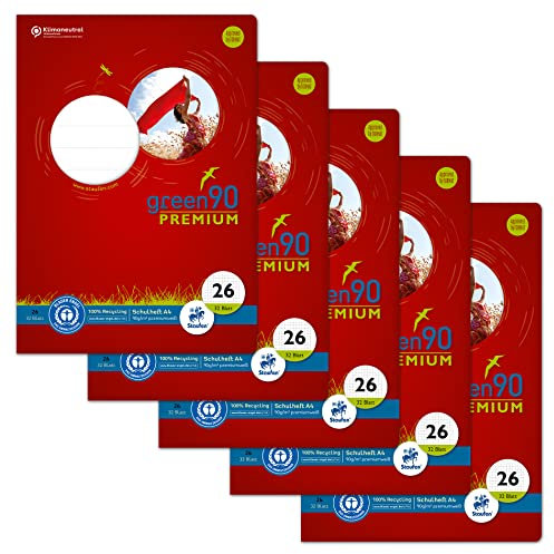 Staufen Green Heft - DIN A4, Lineatur 26 (kariert mit Rand), 32 Blatt, premiumweißes 90g/m² Recyclingpapier, runde Ecken verhindern „Eselsohren“, 4 verschiedene Motive (keine Auswahl möglich), 5 Stück