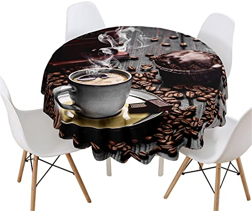 Highdi Rund Tischdecke Abwaschbar, 3D Kaffee Druck Wasserdicht Lotuseffekt Antifouling Rund Tischdecken Polyester Tischtuch für Küche Dekoration Garten (Durchmesser 110cm,Schokoladen Kaffee)