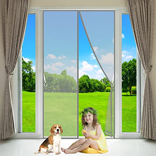 Double Door Magnetic Fly Screen, 185x200cm, Heavy Duty Mesh Curtain with Full Frame Hook and Loop Magnets, Sn-aps Shut Automatically for Patio, Large Door, Gray, Customizable