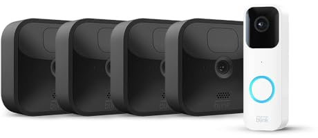 Blink Outdoor with two-year battery life | 4-Camera System (Black) + Blink Video Doorbell (White) | HD Smart Security, motion detection, Alexa enabled